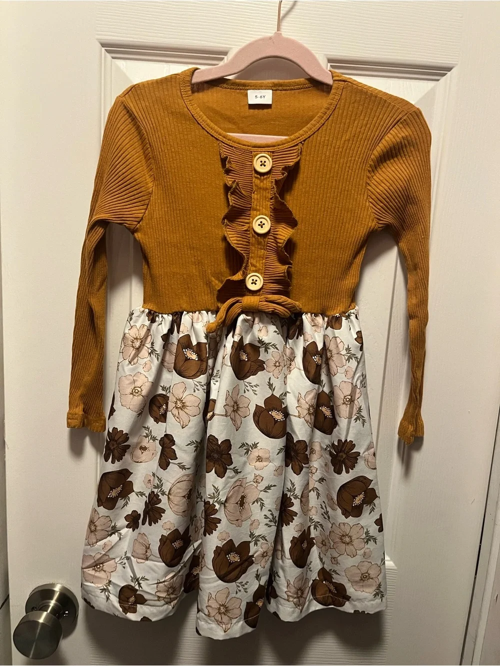 PatPat Mustard Ribbed Bodice Floral Skirt Dress